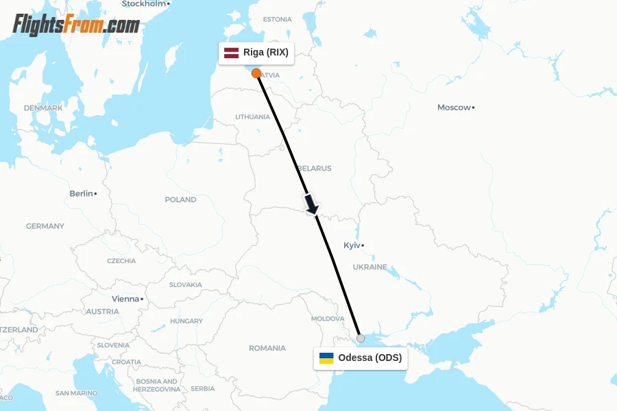 Flights from Riga to Odessa route map