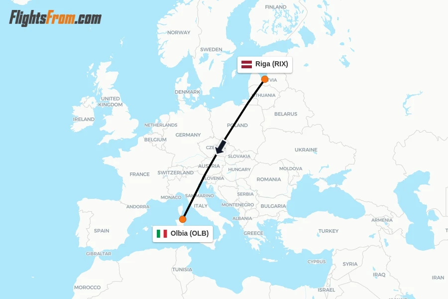 Flights from Riga to Olbia route map