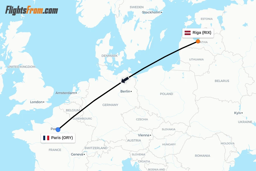 Flights from Riga to Paris route map