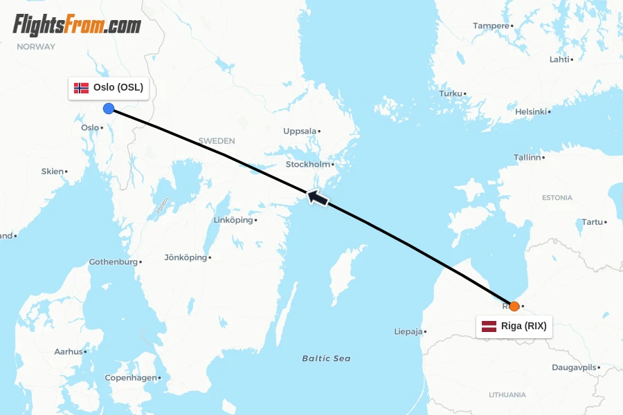 Flights from Riga to Oslo route map