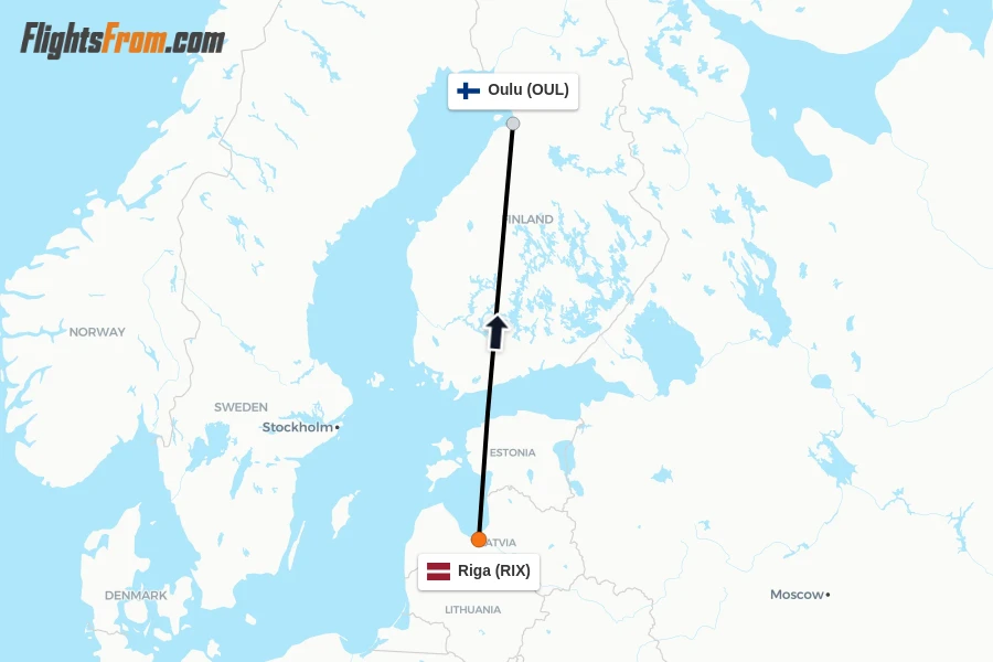 Flights from Riga to Oulu route map