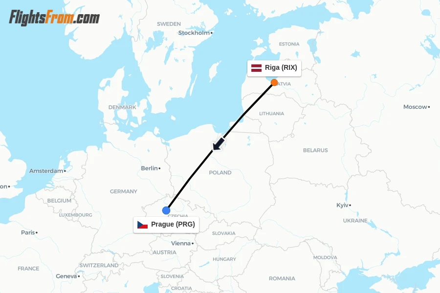 Flights from Riga to Prague route map