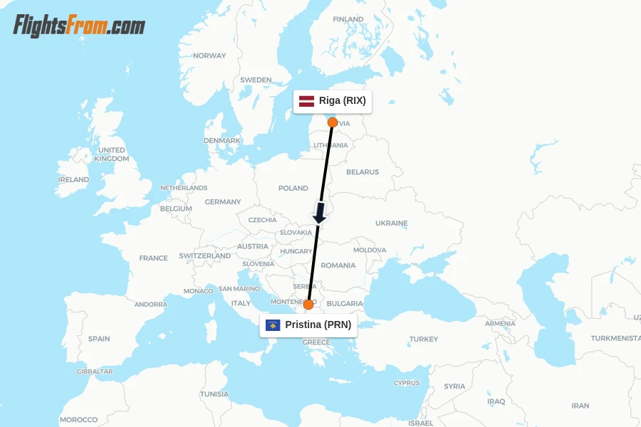 Flights from Riga to Pristina route map