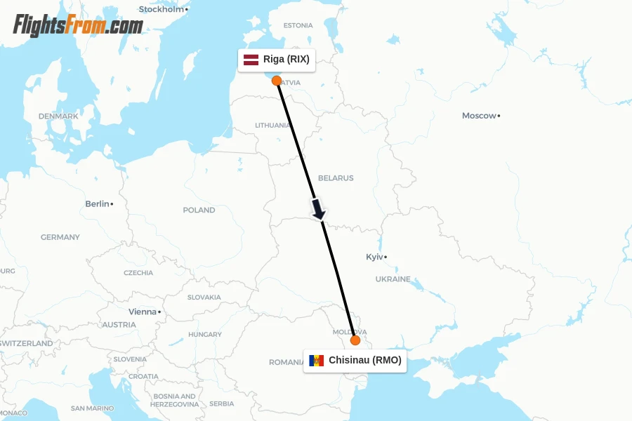 Flights from Riga to Chisinau route map