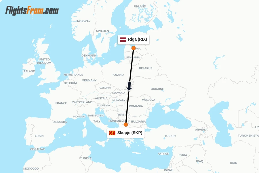 Flights from Riga to Skopje route map