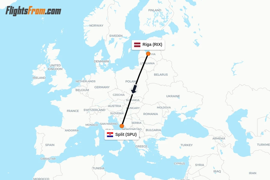 Flights from Riga to Split route map