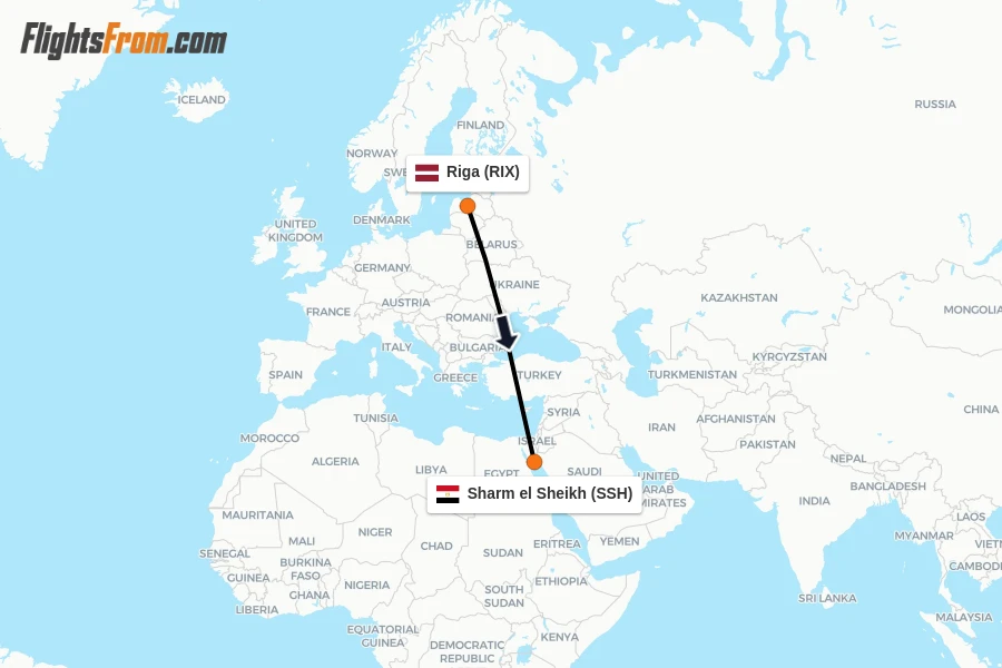 Flights from Riga to Sharm el Sheikh route map