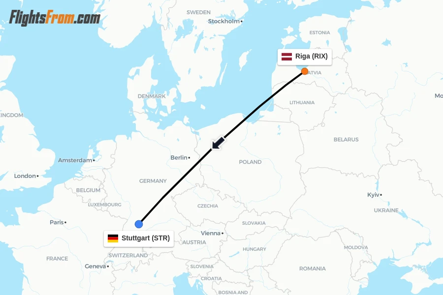 Flights from Riga to Stuttgart route map