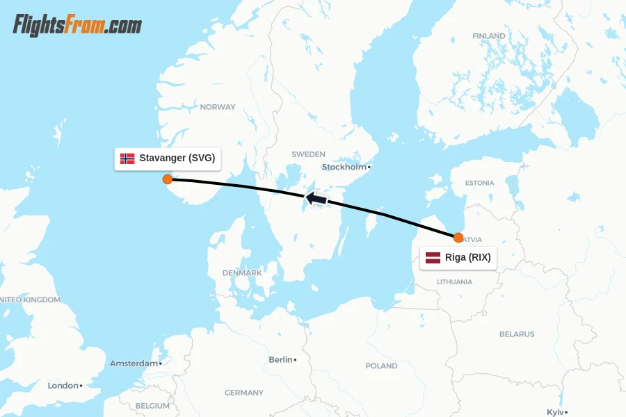 Flights from Riga to Stavanger route map