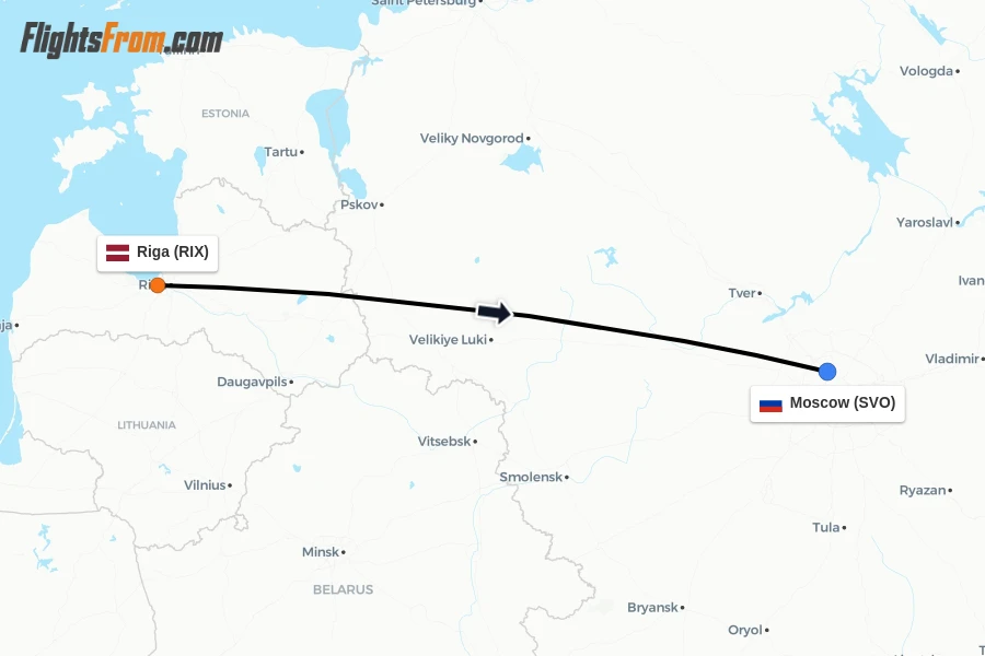 Flights from Riga to Moscow route map