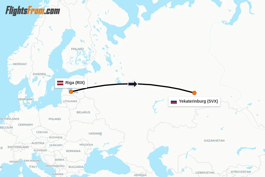 Flights from Riga to Yekaterinburg route map