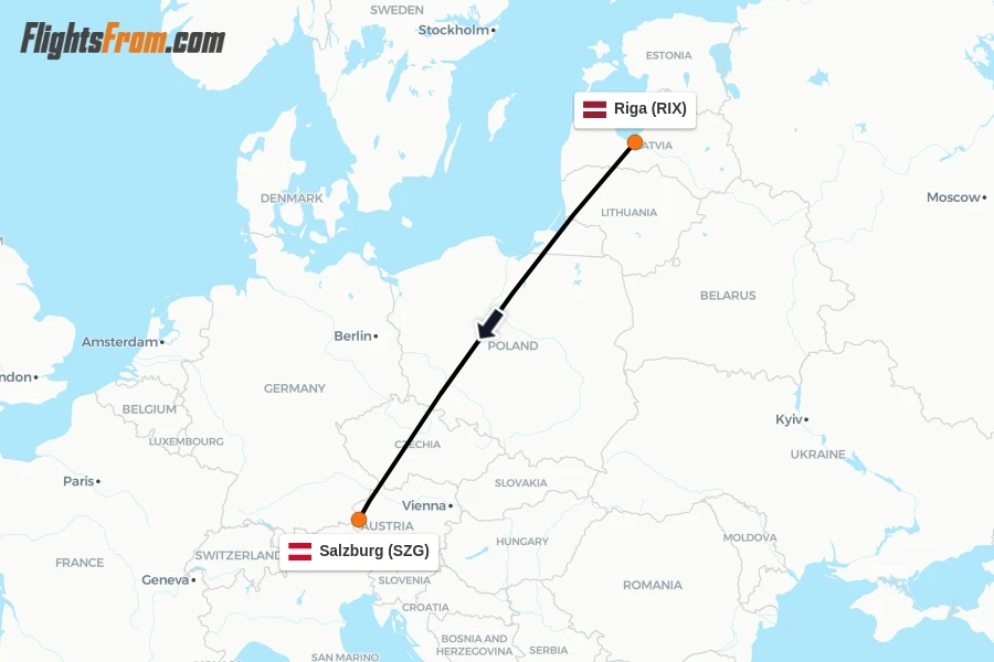 Flights from Riga to Salzburg route map