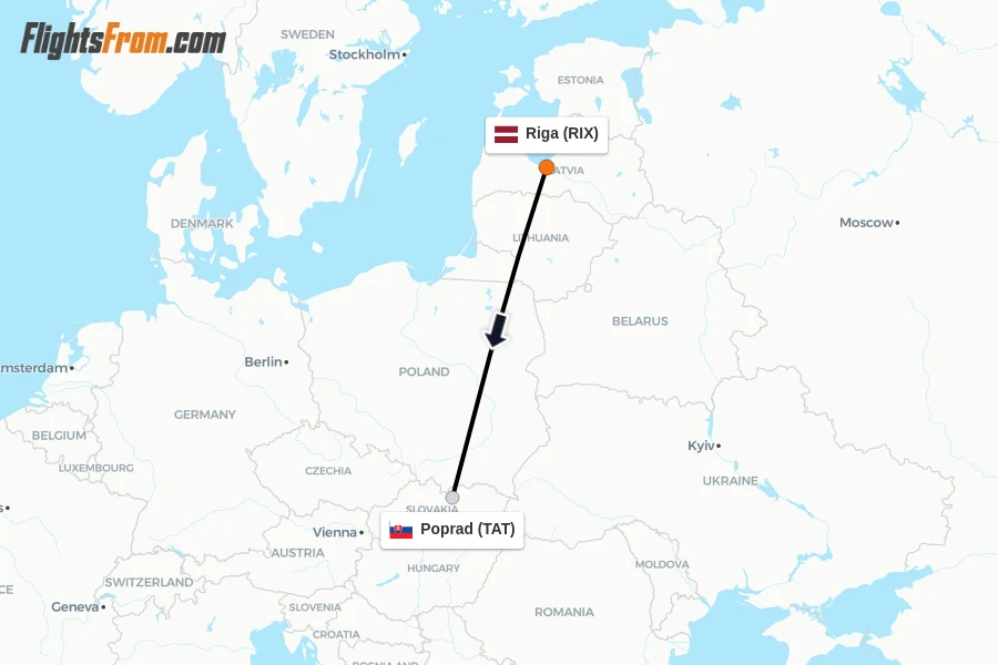 Flights from Riga to Poprad route map