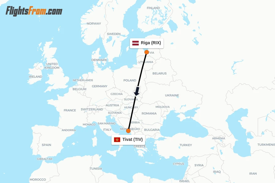 Flights from Riga to Tivat route map