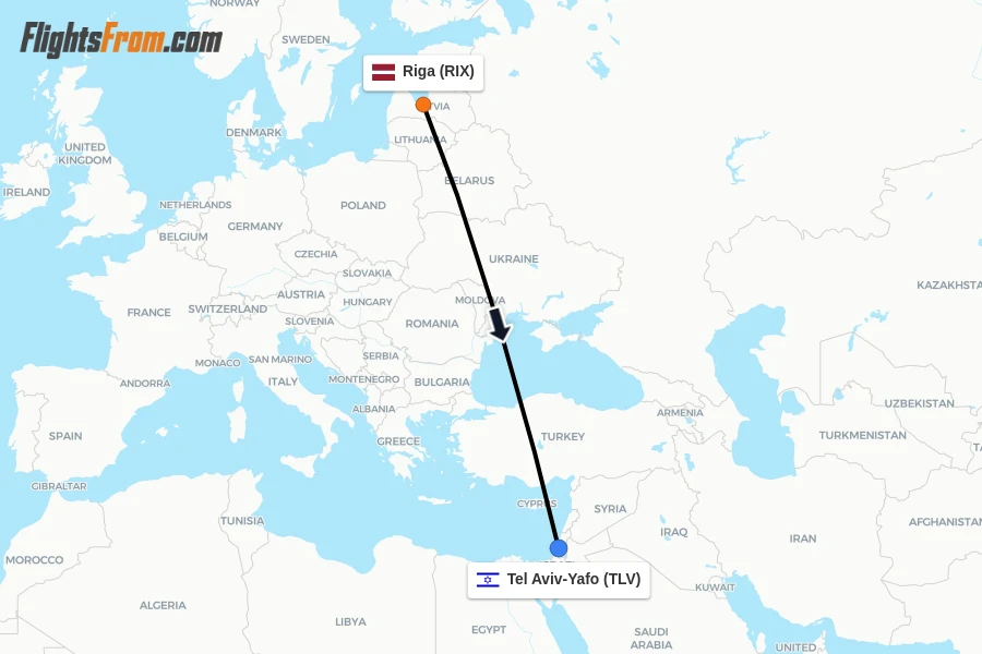 Flights from Riga to Tel Aviv-Yafo route map
