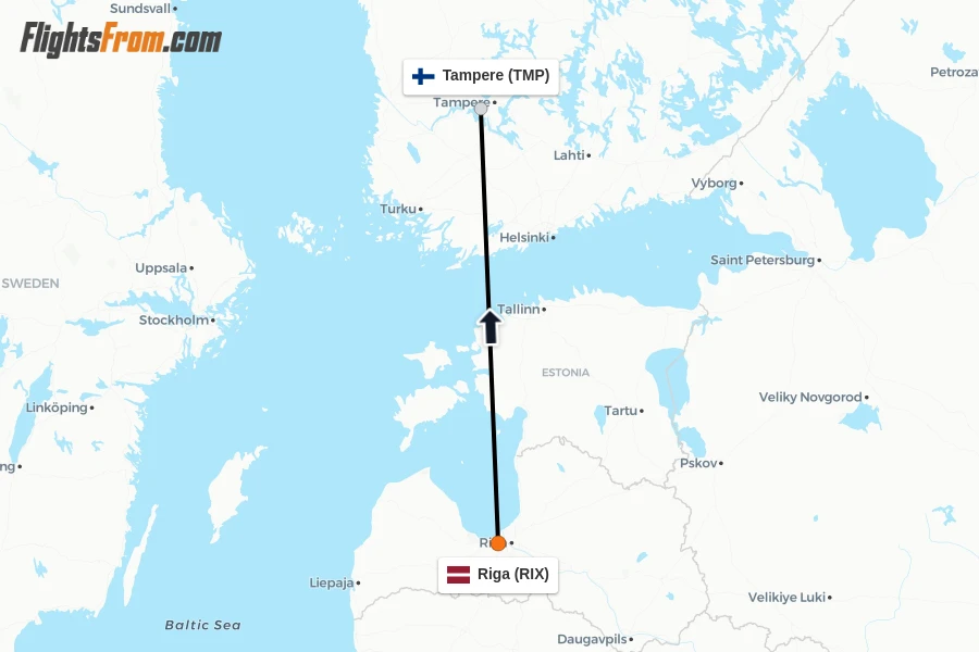 Flights from Riga to Tampere route map