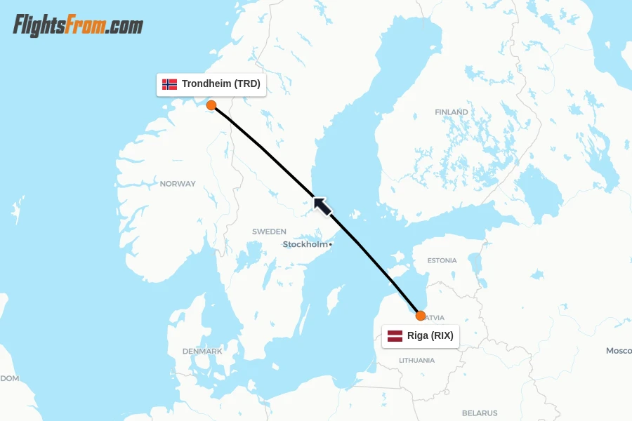 Flights from Riga to Trondheim route map