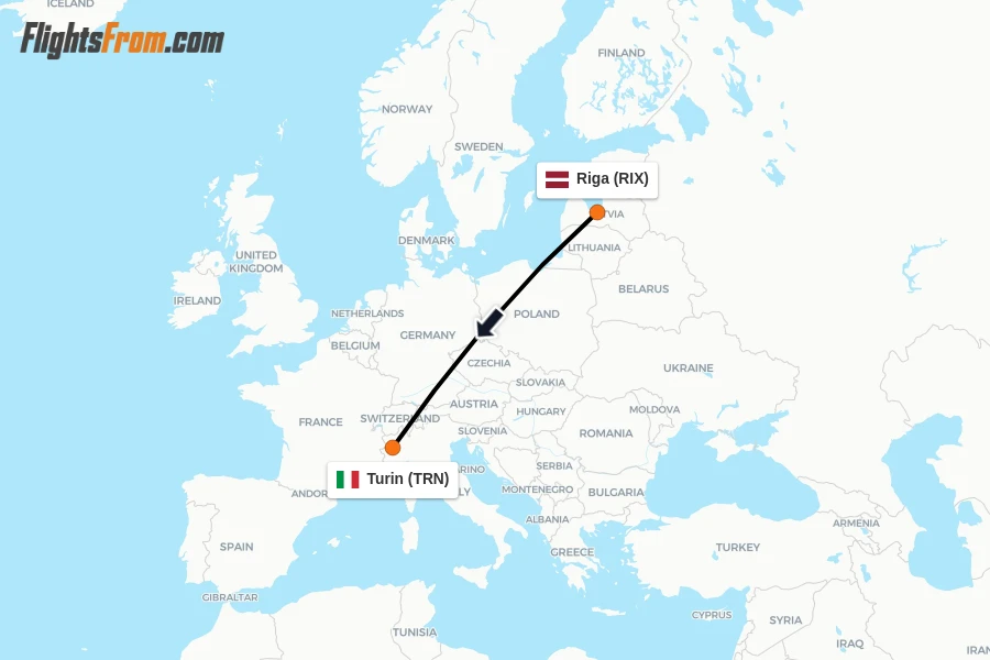 Flights from Riga to Turin route map