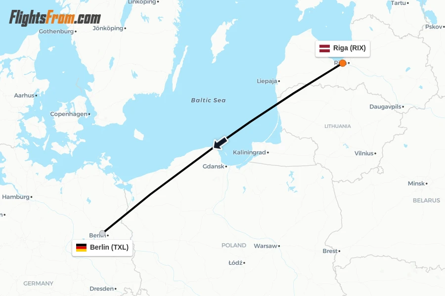Flights from Riga to Berlin route map