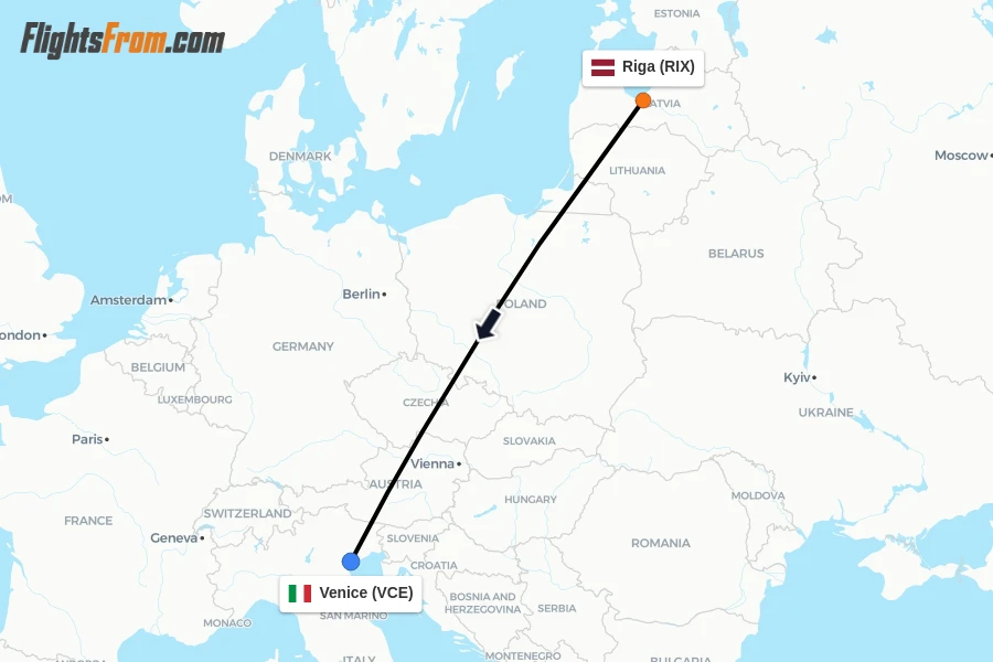Flights from Riga to Venice route map