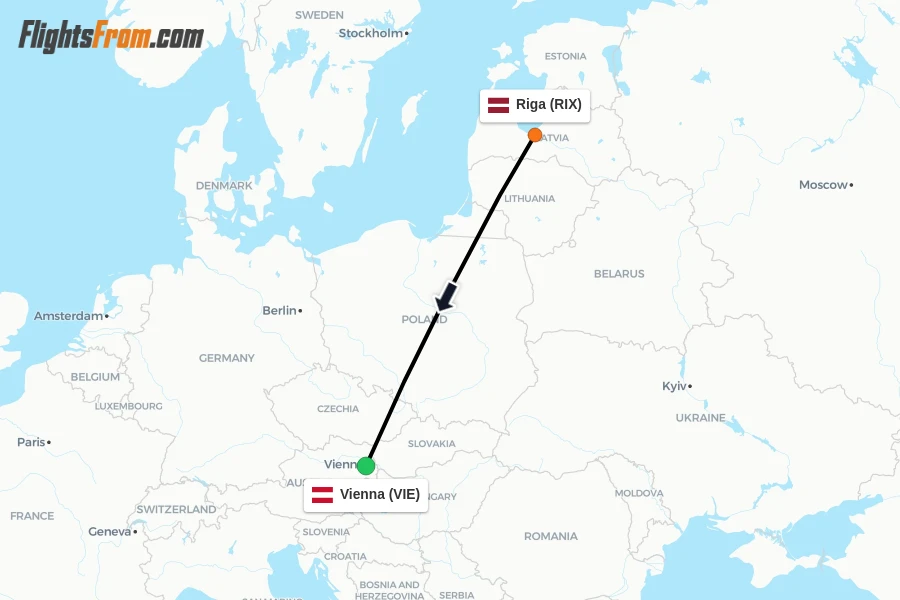 Flights from Riga to Vienna route map