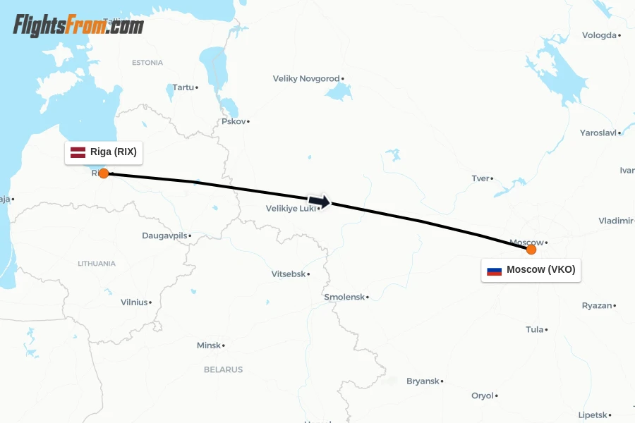 Flights from Riga to Moscow route map