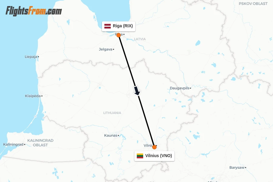 Flights from Riga to Vilnius route map