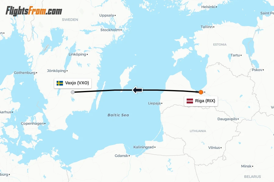 Flights from Riga to Vaxjo route map