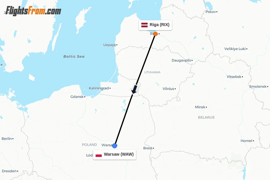 Flights from Riga to Warsaw route map