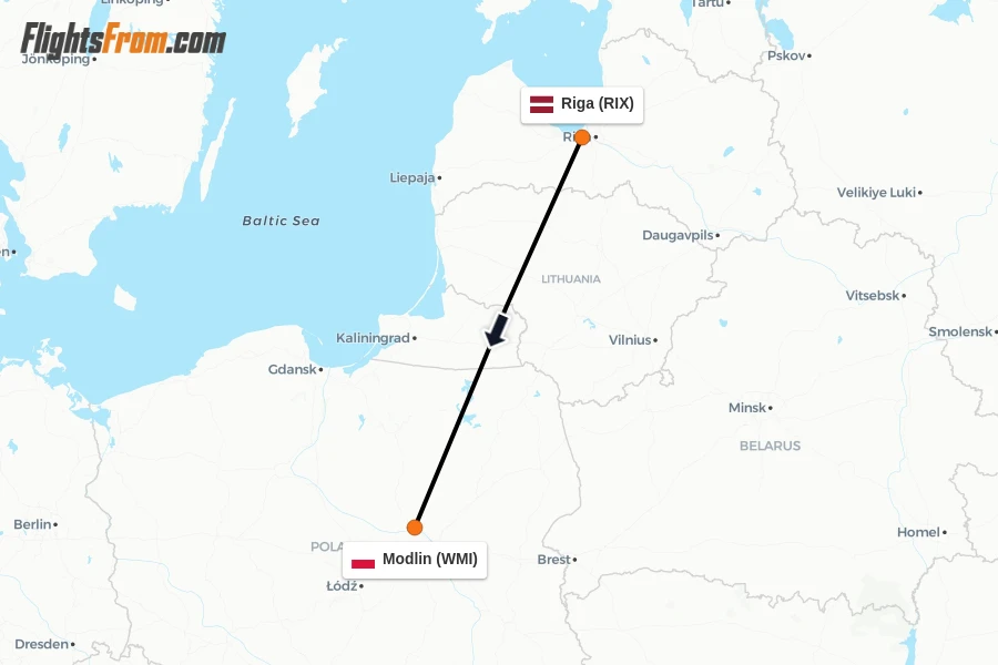 Flights from Riga to Modlin route map
