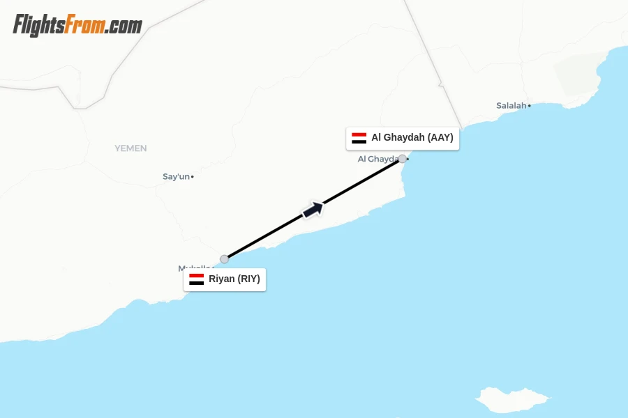 Flights from Riyan to Al Ghaydah route map