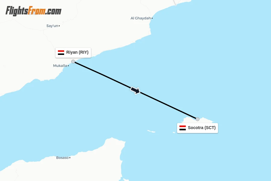 Flights from Riyan to Socotra route map