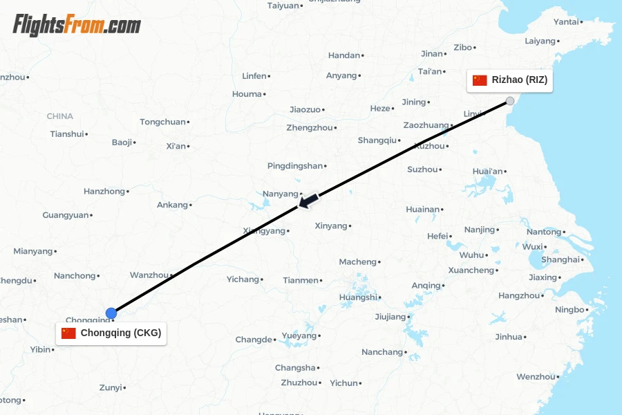 Flights from Rizhao to Chongqing route map