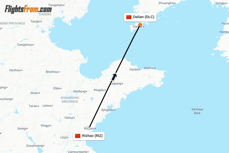 Flights from Rizhao to Dalian route map