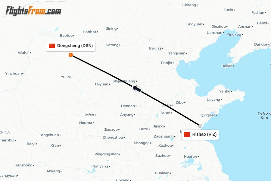 Flights from Rizhao to Dongsheng route map
