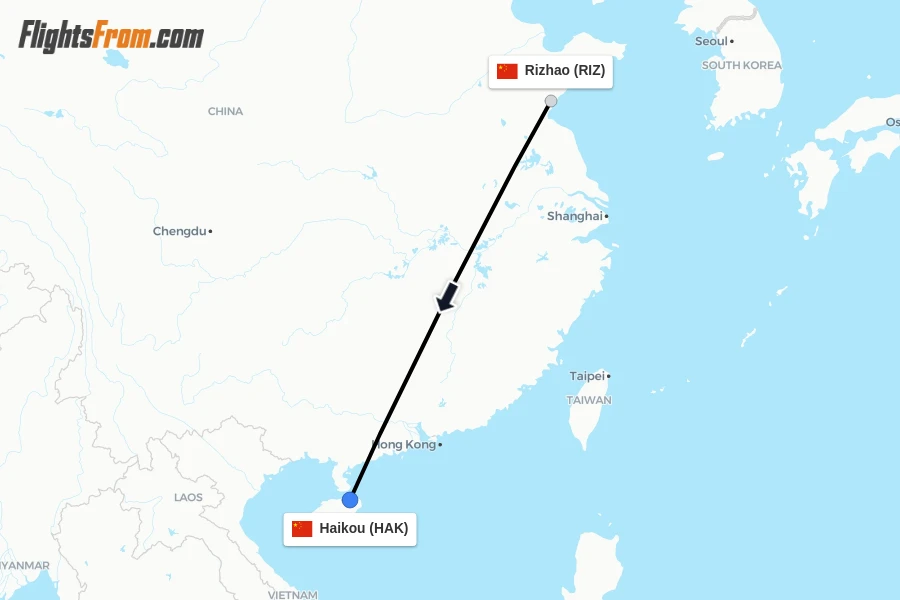 Flights from Rizhao to Haikou route map