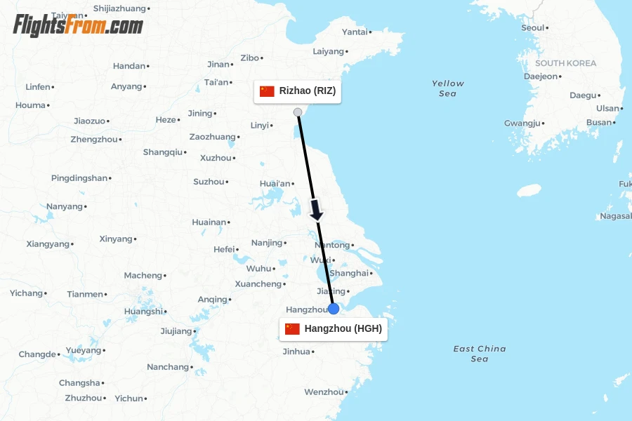 Flights from Rizhao to Hangzhou route map