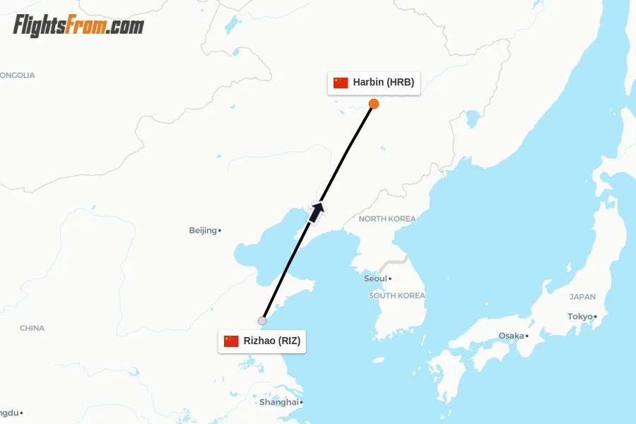 Flights from Rizhao to Harbin route map