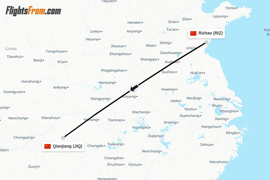Flights from Rizhao to Qianjiang route map