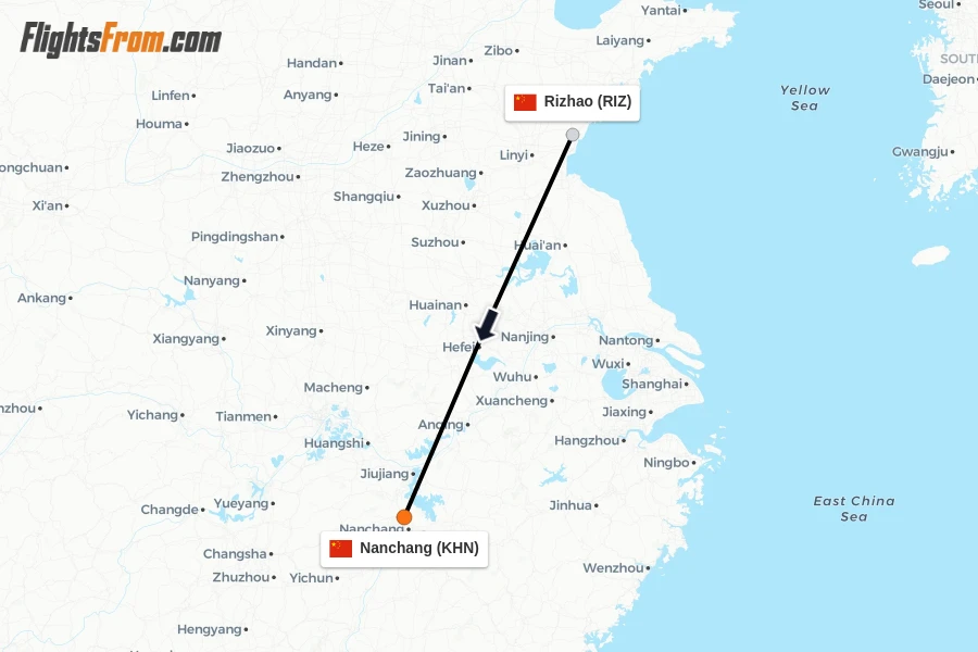 Flights from Rizhao to Nanchang route map