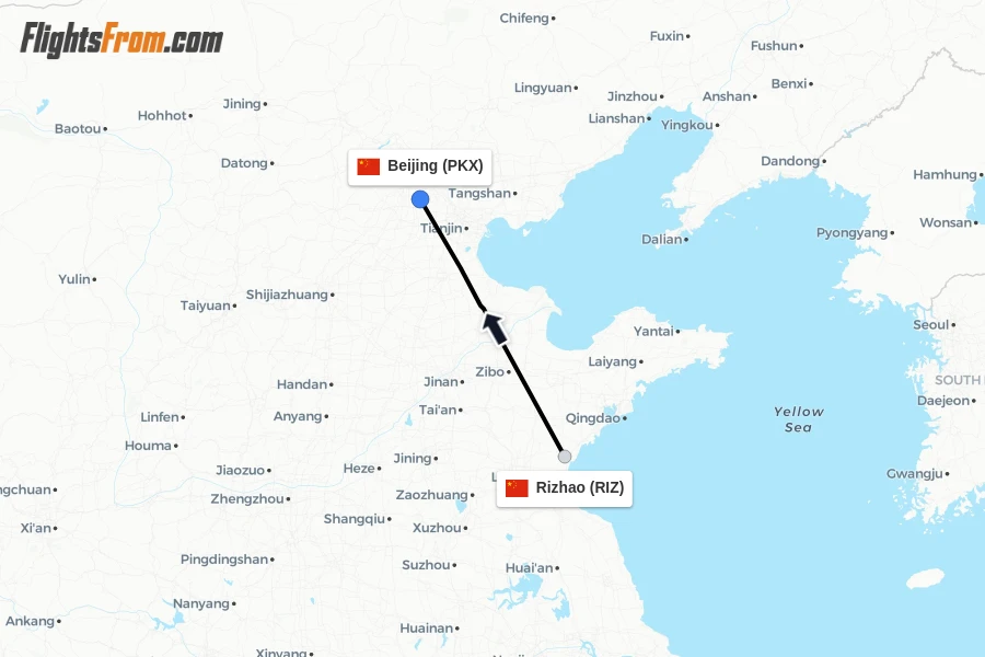 Flights from Rizhao to Beijing route map