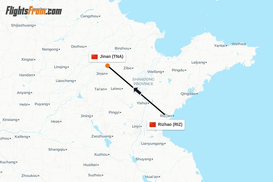 Flights from Rizhao to Jinan route map