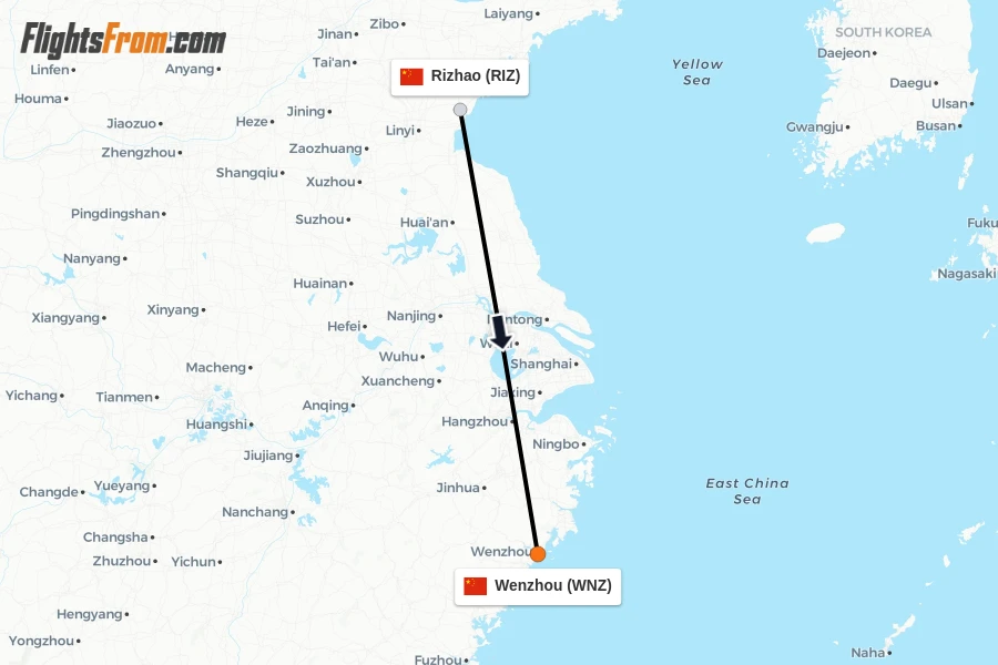 Flights from Rizhao to Wenzhou route map