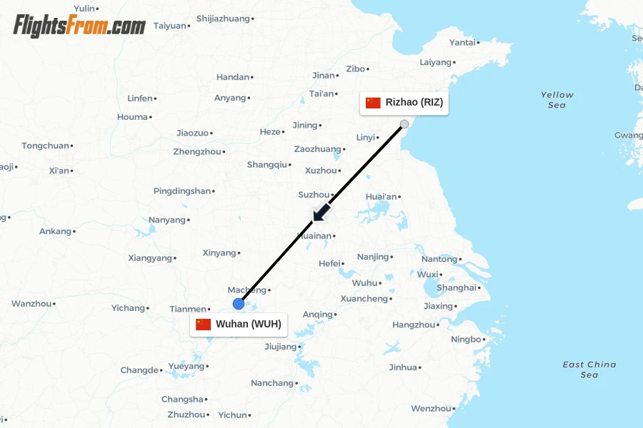 Flights from Rizhao to Wuhan route map