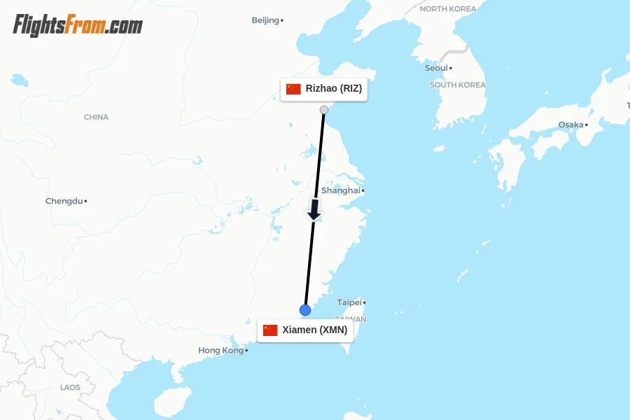 Flights from Rizhao to Xiamen route map