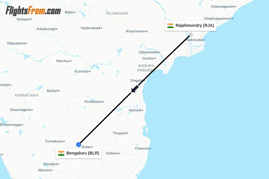 Flights from Rajahmundry to Bengaluru route map