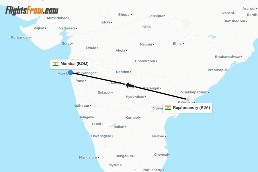 Flights from Rajahmundry to Mumbai route map