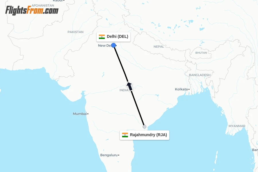 Flights from Rajahmundry to Delhi route map