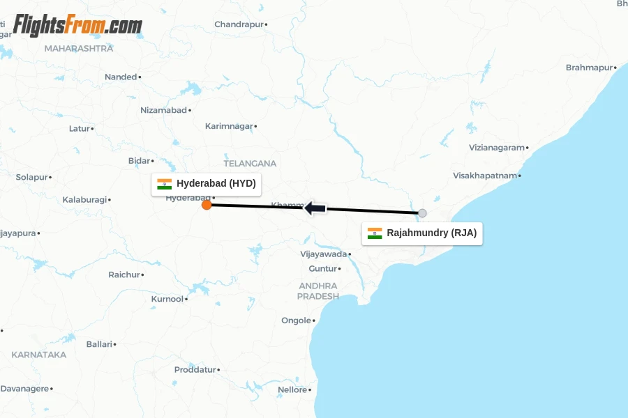 Flights from Rajahmundry to Hyderabad route map