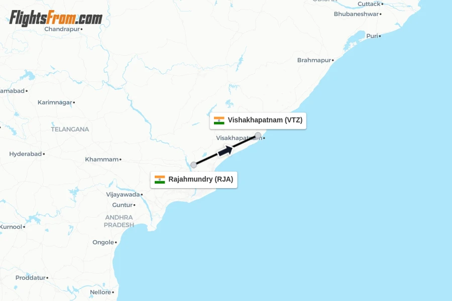 Flights from Rajahmundry to Vishakhapatnam route map